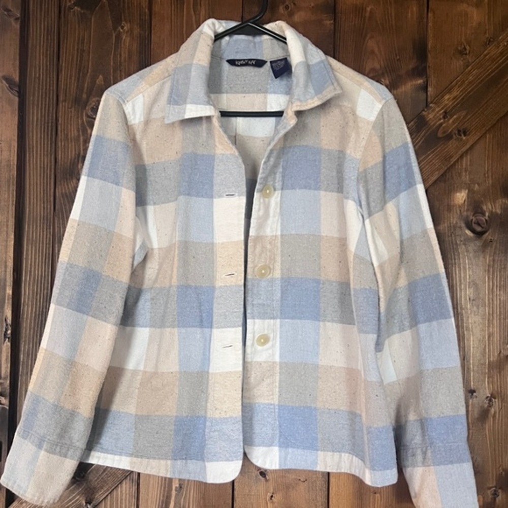 Women’s Krazy Kat Blue and Tan Plaid Speckled Button Up Shacket Flannel Size XL